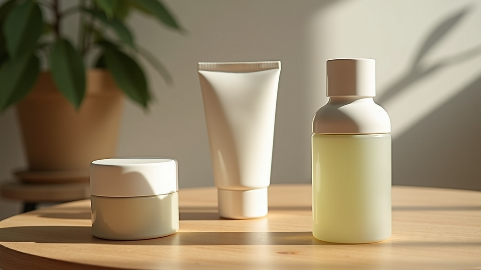 Eye-level view of natural skincare products on wooden table