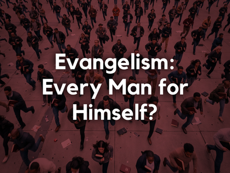 People holding bibles running on a tiled surface, suggesting urgency. Text reads: Evangelism: Every Man for Himself? Mood is intense.