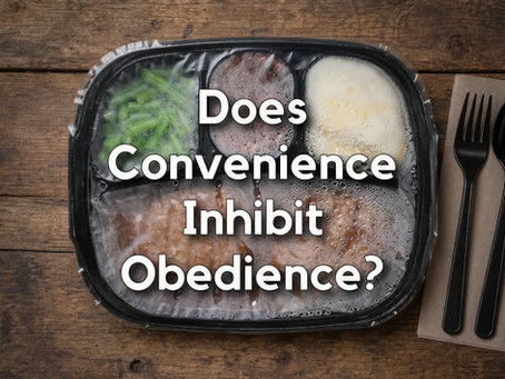 Frozen microwave meal tray on a wooden table with fork and spoon; text reads Does Convenience Inhibit Obedience?