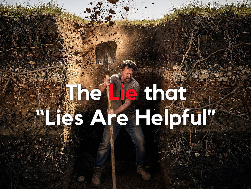 Man digging in a dirt trench as soil flies, with bold text: The Lie that Lies Are Helpful.