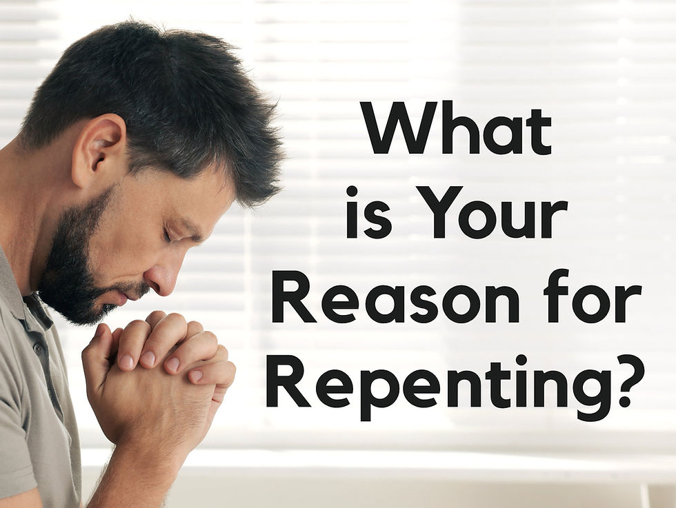 Bearded man bows in prayer beside bold text reading What is Your Reason for Repenting? on a bright windowed background