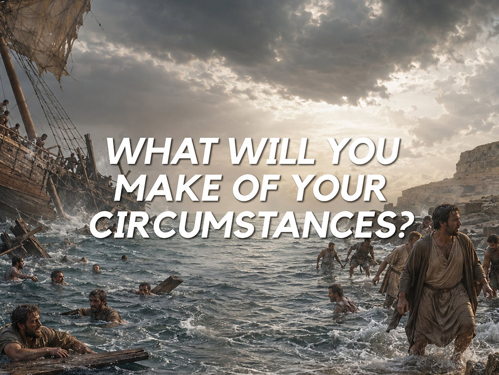 Shipwreck survivors wade through rough water under stormy skies, with large text: WHAT WILL YOU MAKE OF YOUR CIRCUMSTANCES?