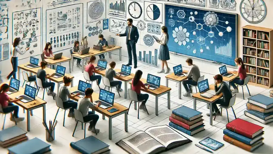 A classroom where students are engaged in both digital and traditional learning, using laptops and interacting with teachers.