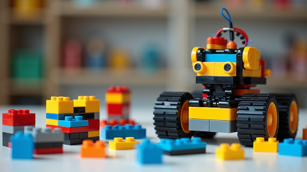 Close-up of colorful LEGO® Robotics kit pieces on a table