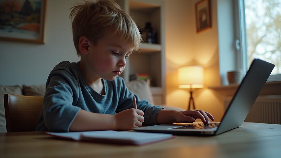 Eye-level view of a child coding on a laptop at home
