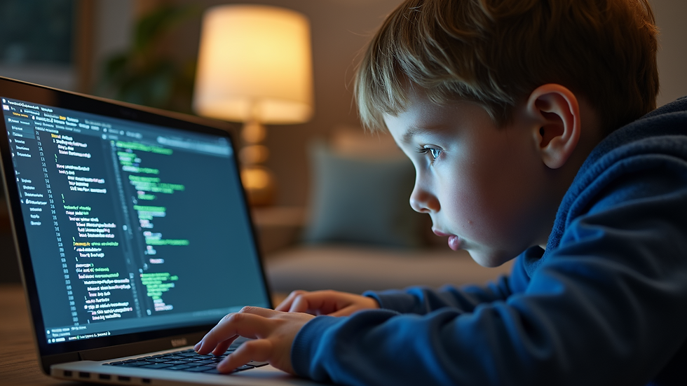 Close-up view of a child working on a laptop with coding software