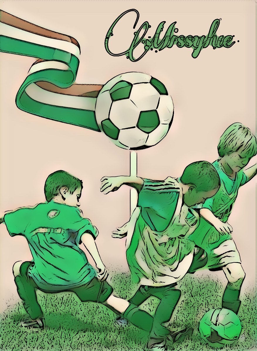 A poster of 3 boys playing football