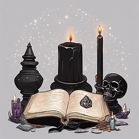 black flame on a black candle with spell book and crystals.jpg