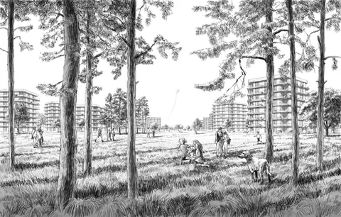 Die Bleistiftzeichnung zeigt ein modernes Wohnbauprojekt rechts und links einer großen Parkanlage. Im Vordergrund zeigen einige Bäume, dass der Betrachter in einem Wald steht. Spielende Kinder, ein Hund und Spaziergänger beleben die Architekturvisualisierung.