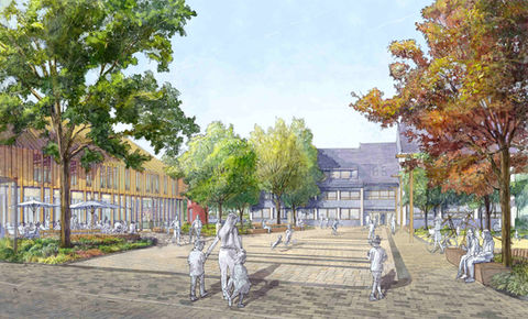 Architekturvisualisierung eines modernen Stadtplatzes mit großzügiger Freiraumgestaltung, urbanem Mobiliar und naturnaher Bepflanzung. Die Visualisierung zeigt eine offene Platzfläche mit Bäumen, Sitzgelegenheiten, Cafénutzung und vielfältiger Aufenthaltsqualität. Darstellung der städtebaulichen Einbindung und der Gestaltung durch Landschaftsarchitektur.