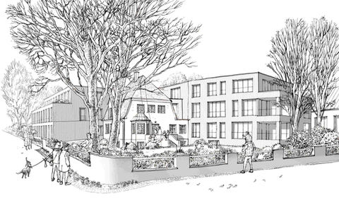 Architekturzeichnung eines Gebäudeensembles aus Bestand und Neubau mit altem Baumbestand und belebtem Vorplatz.