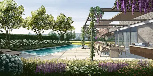 Farbenfrohe ansprechende Illustration eines privaten Gartens mit Pergola, Swimming-Pool und Bäumen. Die helle und ansprechende Atmosphäre zeigt einen einladenden Garten, der Lust macht, dort zu verweilen, zu baden und zu essen.