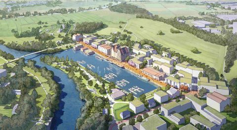 Architekturvisualisierung eines urbanen Hafenquartiers mit Wasserlage, moderner Wohnbebauung, Marina und Uferpromenade. Die Visualisierung zeigt die städtebauliche Entwicklung am Wasser mit grünen Dächern, Fuß- und Radwegen, Steganlagen und einer neuen Fußgängerbrücke. Beispiel für integrierte Stadt- und Landschaftsplanung mit Fokus auf nachhaltige Quartiersentwicklung und Aufenthaltsqualität im öffentlichen Raum.