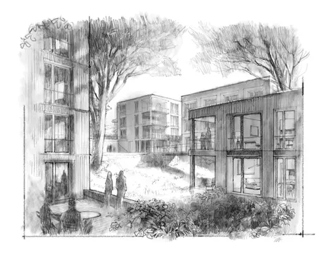 Die von Hand erstellte digitale Bleistiftzeichnung zeigt eine neue Wohnsiedlung mit moderner Architektur an einem Hand. Zwischen großen Bäumen stehen zwei bis viergeschossige elegante Wohnhäuser in ansprechender Holzarchitektur. Einige Bewohner und Spaziergänger beleben die Szene. Illustration für einen Architekturwettbewerb.