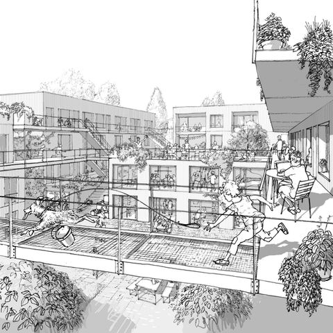 Hand drawing of an housing courtyard. Plenty of people are walking around, doing different activities. A boy is hunting a dog. 