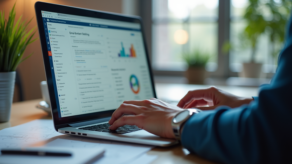 Eye-level view of a business professional working on a laptop with email marketing dashboard