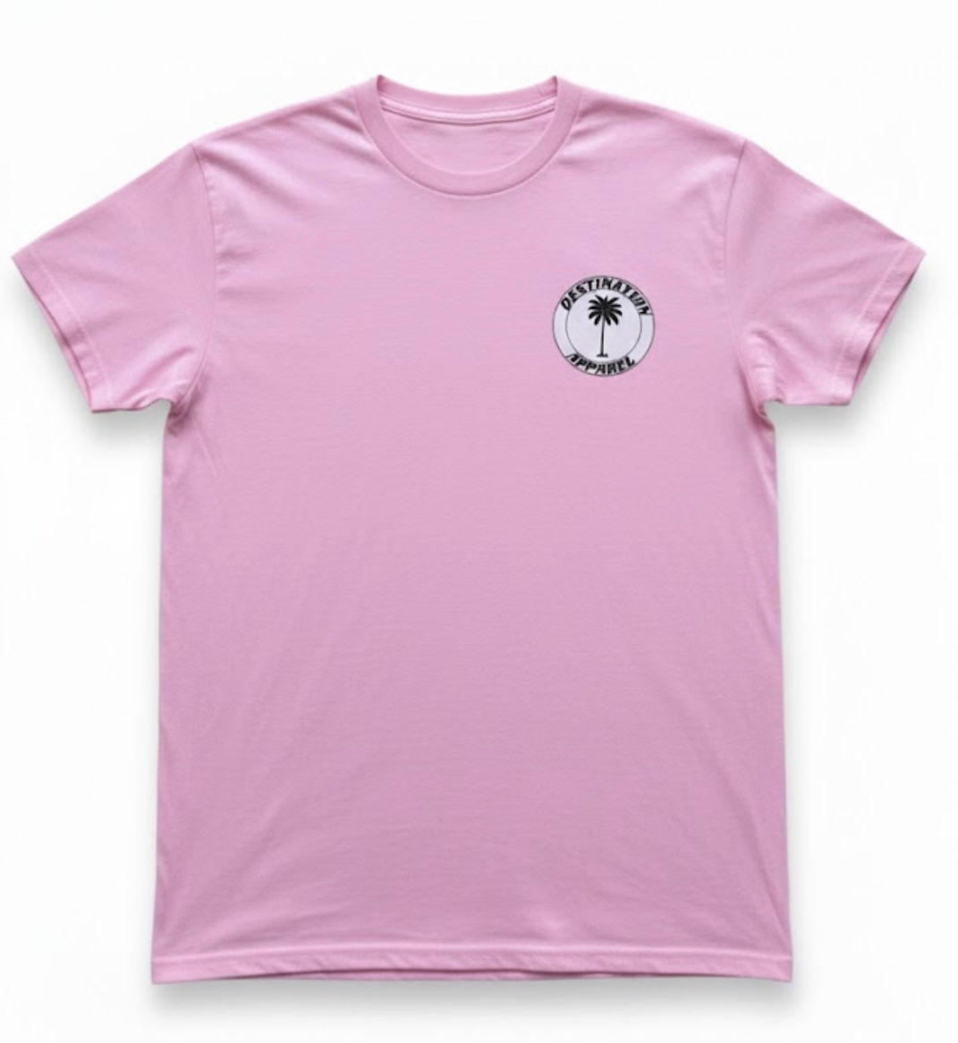 Front view of pink t-shirt with Destination logo on the left breast