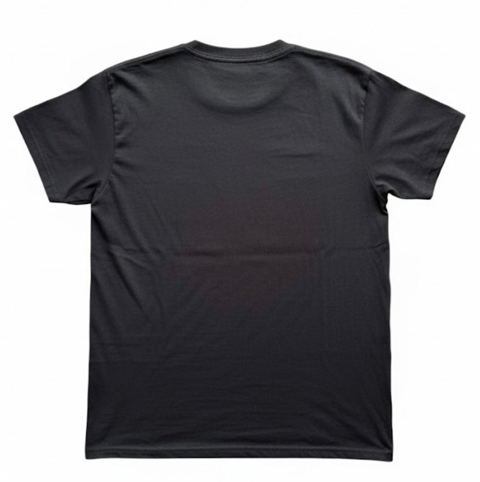 The back of the black t-shirt with no decal on it