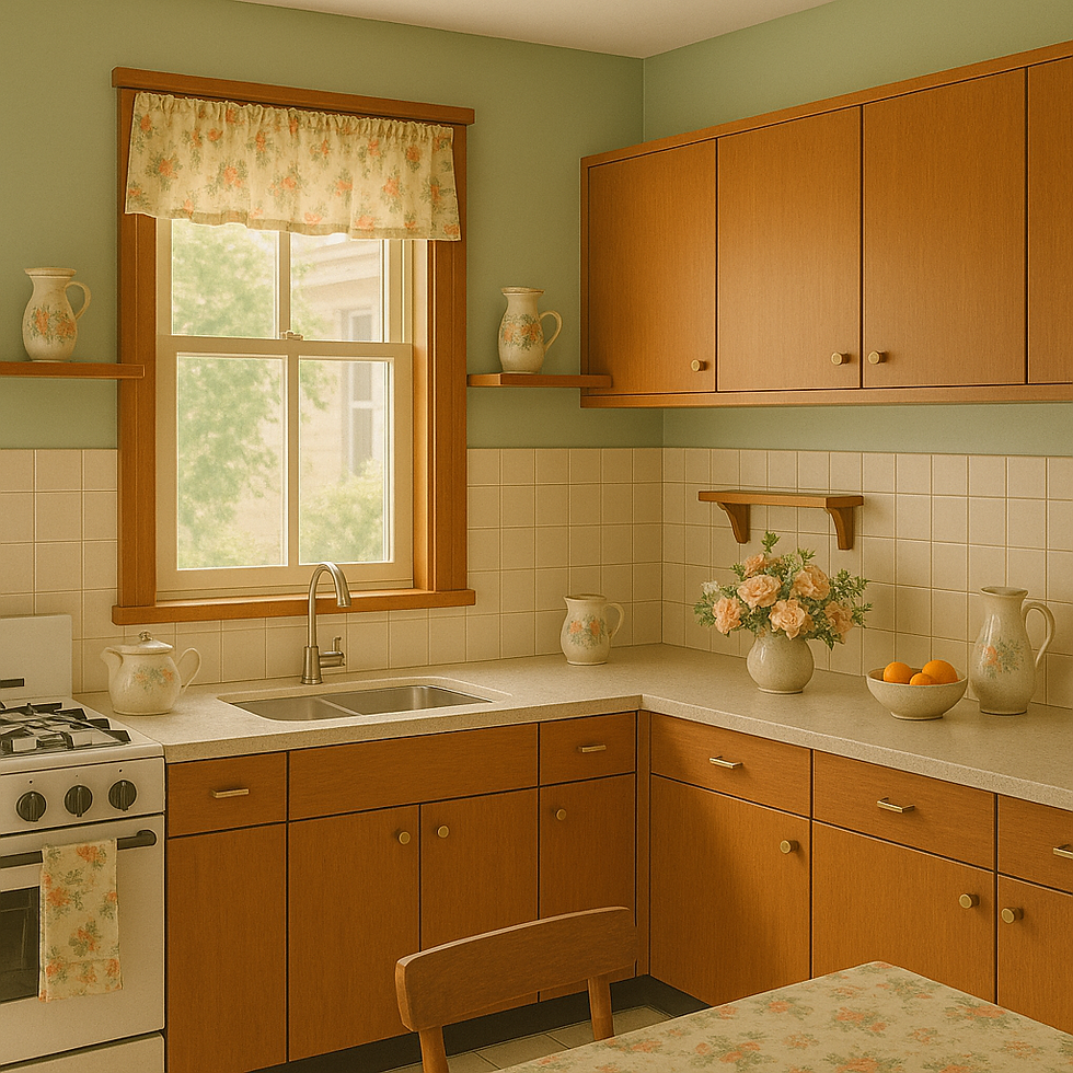 Cozy kitchen with wood cabinets, floral curtains, and jugs. Vases with flowers and a bowl of oranges brighten the countertop. Soft light.