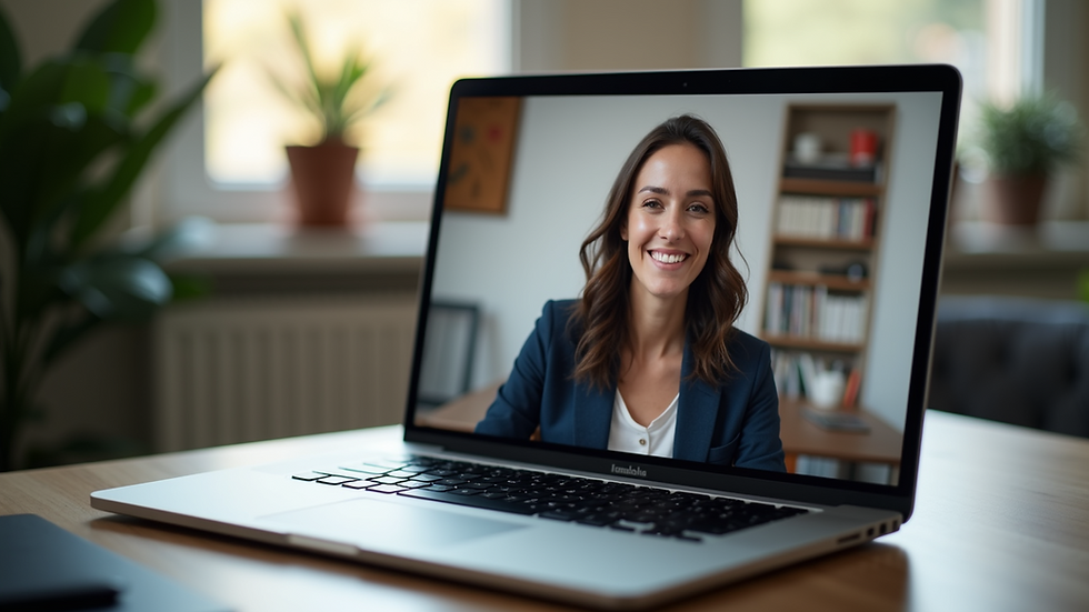 Close-up of a laptop screen showing a video call on a global communication app