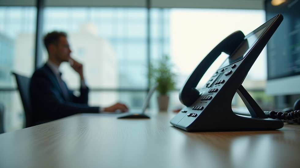 Eye-level view of a modern office desk with a VoIP phone
