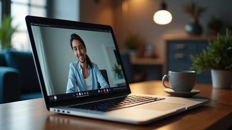 High angle view of a laptop screen showing a video conference call