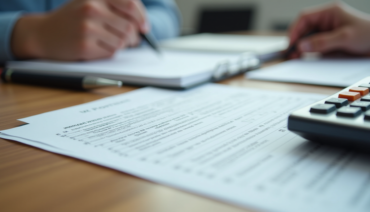 Eye-level view of a person reviewing mutual fund documents with a pen and calculator on a wooden table