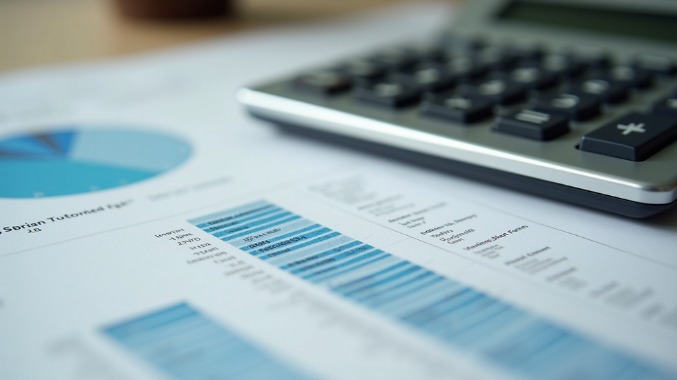 Close-up view of financial documents and calculator on a desk