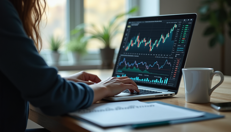 Eye-level view of a person analyzing mutual fund charts on a laptop