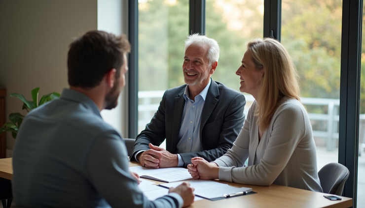 High angle view of a financial advisor discussing retirement plans with a couple in Ahmedabad