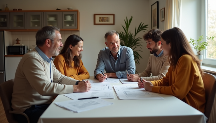 Eye-level view of a family discussing finances at home with documents spread on table