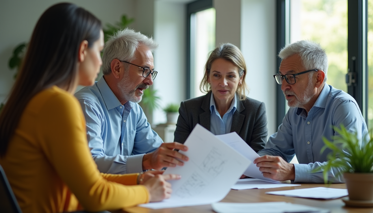 Eye-level view of a financial advisor explaining retirement plans to a middle-aged couple in Ahmedabad