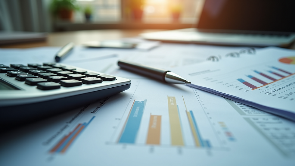 High angle view of a calculator and financial documents on a desk