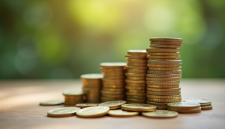 Close-up view of gold and silver coins stacked on a wooden surface