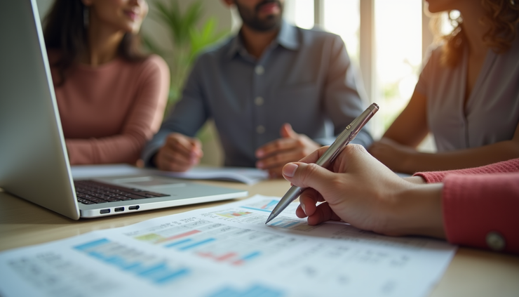 Eye-level view of a family discussing finances at home with documents spread on table