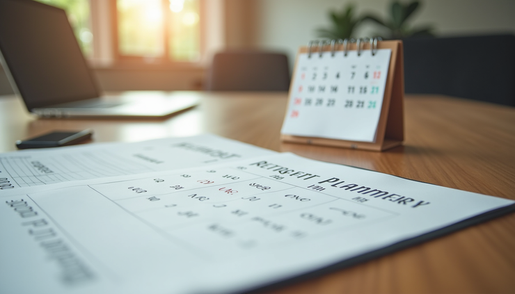 Close-up view of a calendar and pen with retirement planning notes on a wooden table