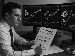 Man in a white shirt examines "5 Futures Trading Strategies" paper, in front of monitors showing market charts. Serious expression, grayscale setting.