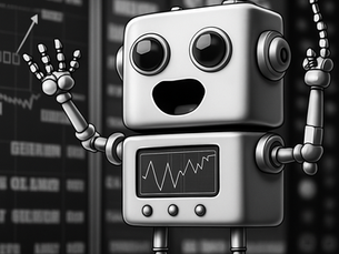Black and white illustration of a surprised cartoon robot raising its arms while standing in front of flashing trading screens and stock tickers, with a market chart displayed on its chest.