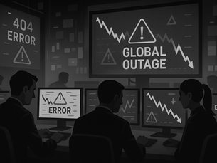 Black-and-white illustration of traders in a darkened office, intently monitoring multiple screens displaying “ERROR” messages and falling stock charts, highlighting the impact of a worldwide tech failure on financial markets.