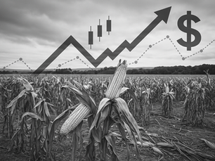 Black-and-white photo of a mature cornfield under cloudy skies with close-up corn ears in the foreground; overlaid with upward and downward stock market symbols, a candlestick chart, and a dollar sign, symbolizing financial trends impacting agriculture.