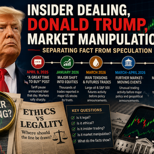 Trump portrait beside stock charts and Capitol with headline Insider Dealing, Donald Trump, Market Manipulation