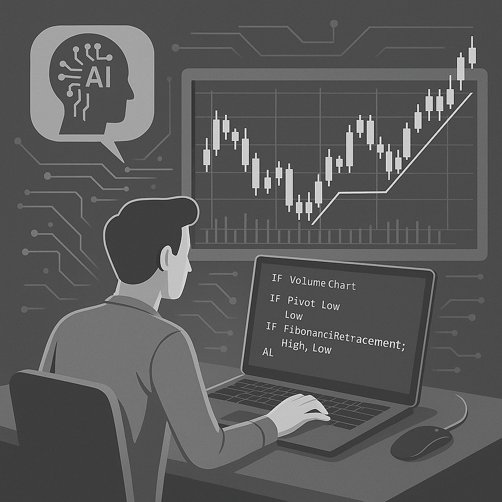 Person at a desk using a laptop with code visible. AI graphic and stock chart on screen. Tech-themed environment with circuit pattern.