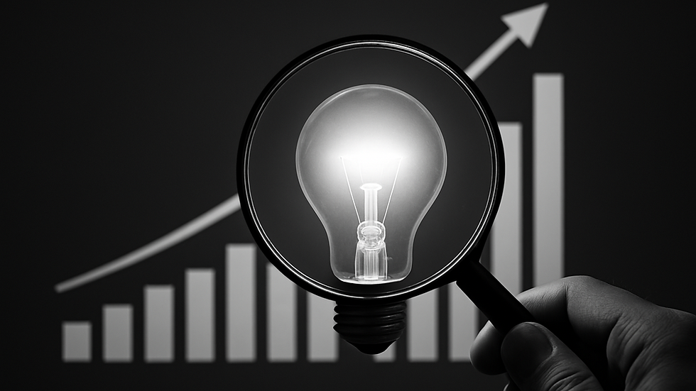 Examining innovation: a magnifying glass focuses on a glowing light bulb against a backdrop of a rising graph, symbolizing the shift from traditional energy to advanced technologies like silicon photonics.