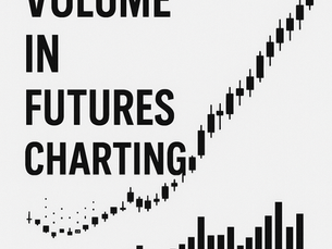 Black and white digital illustration showing a candlestick price chart above a volume histogram, representing the evolution of futures contract liquidity over time. The chart begins with sparse, fragmented candles and low volume, transitioning into full-bodied candles and higher volume. Bold text reads “Volume in Futures Charting.