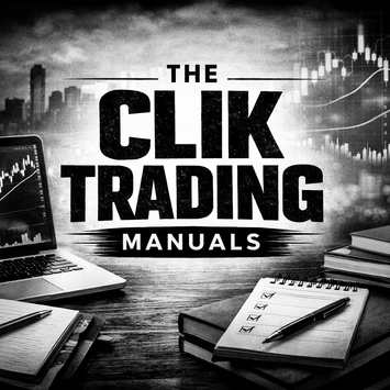 Black and white image representing the CLiK Trading Education free trading manuals, showing charts, notebooks, and a structured trading workspace
