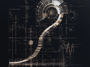 Abstract art featuring a glowing, golden question mark made of digital circuits against a dark background with technical graphs and diagrams.