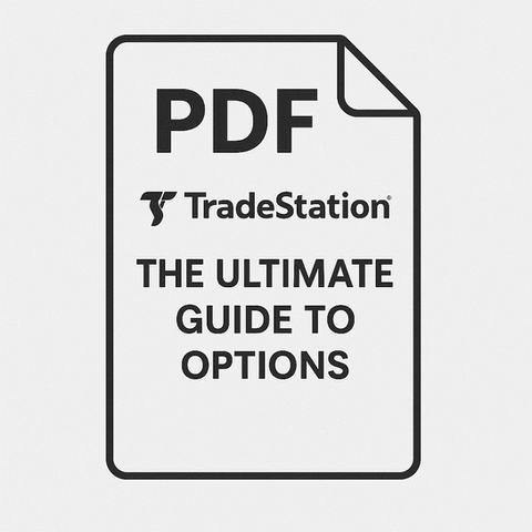 Black and white PDF icon with symbolic design for TradeStation’s Ultimate Guide to Options, representing a downloadable trading resource.