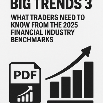 Black and white PDF cover design with bold title “Banking on Big Trends 3,” upward-trending bar chart, arrow, and PDF icon, symbolizing 2025 financial industry benchmarks for traders.