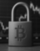 Black-and-white image of a sturdy padlock engraved with the Bitcoin symbol, positioned in sharp focus in the foreground. Behind it, a blurred candlestick trading chart reflects market fluctuations, symbolizing Bitcoin’s stability amidst financial volatility.