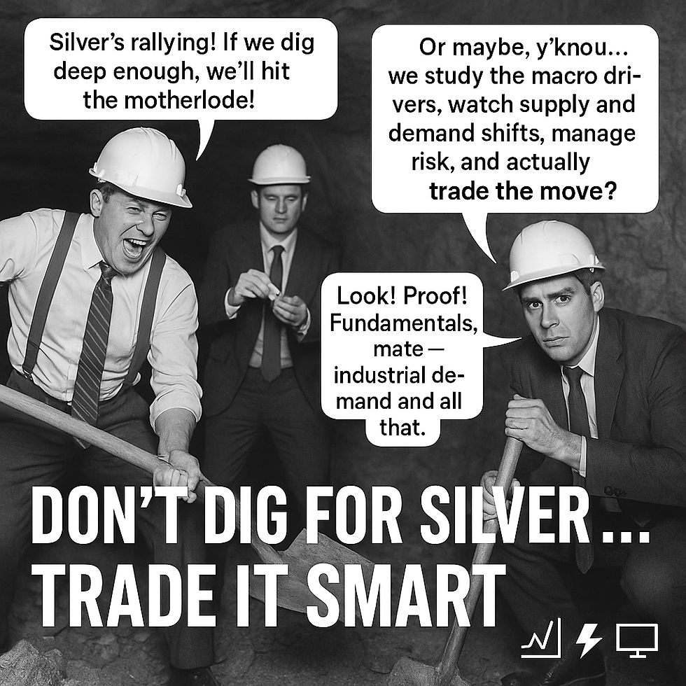 Three men in suits and hard hats in a cave, discussing silver trading strategies. Text: “DON’T DIG FOR SILVER… TRADE IT SMART.”